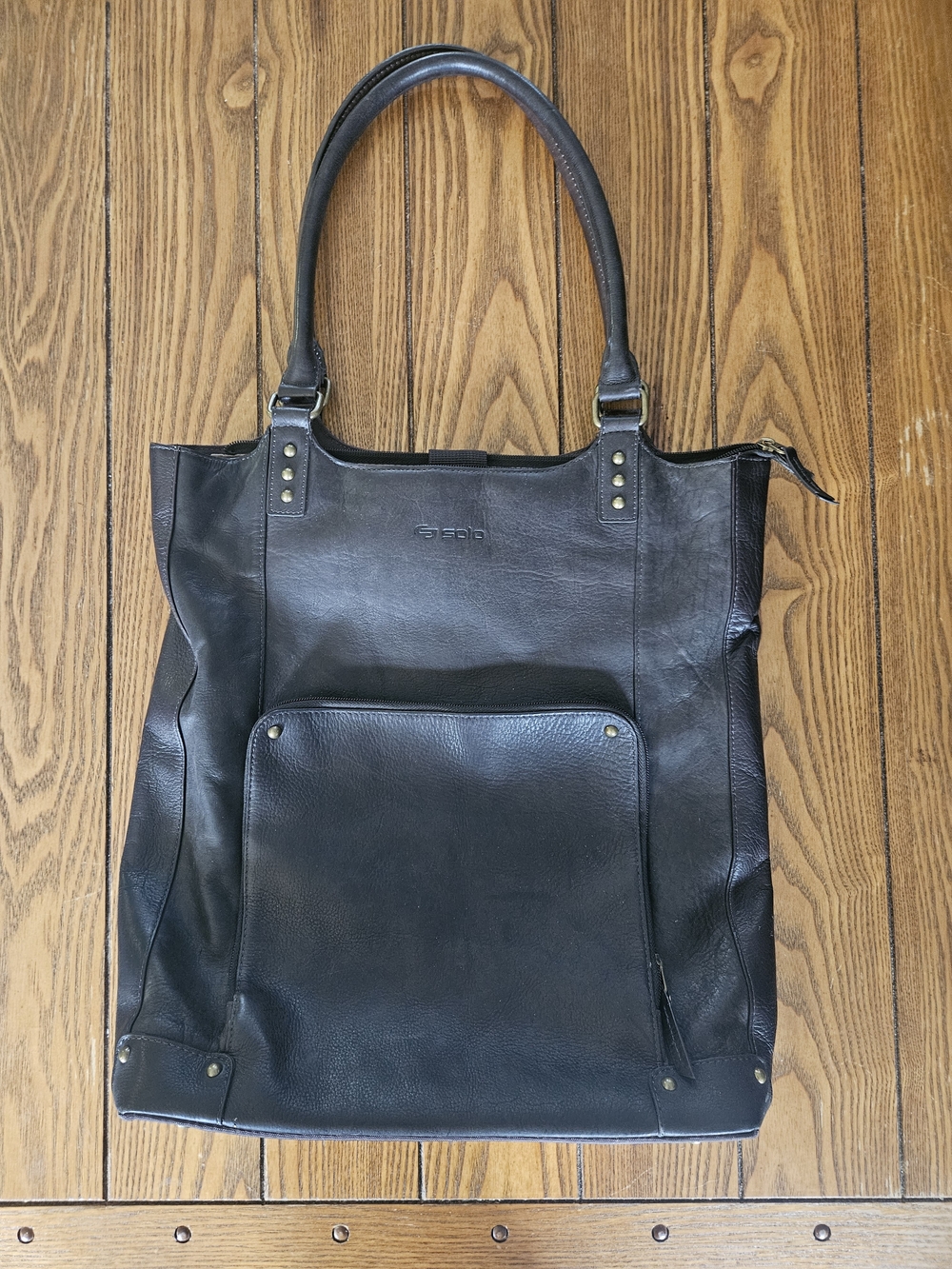 Dark Brown Leather Bucket Laptop Bag w/Front Pocket & Suitcase Handle Sleeve